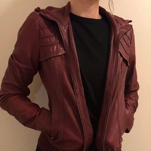 Wine Red Guess Leather Moto Bomber Jacket